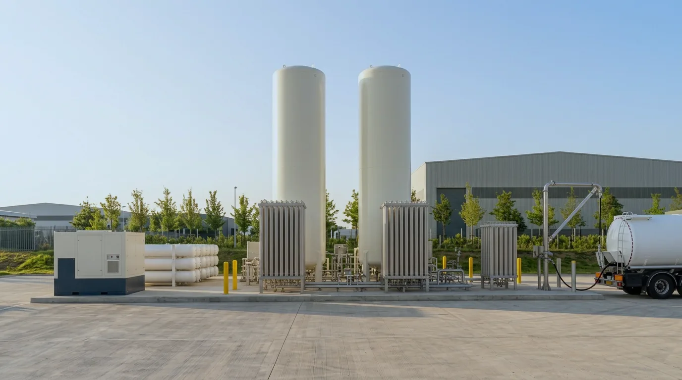 Two cryogenic storage tanks of equal size with finned vaporizers in front of them, a bank of hydrogen storage tubes on one pad, a road tanker at the loading arm, and an industrial building behind