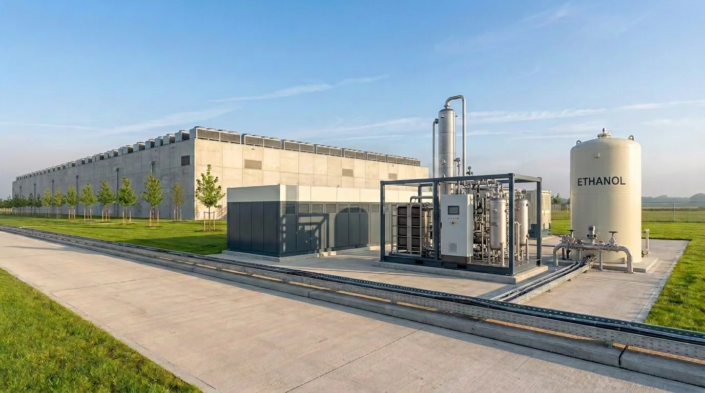 A row of low fuel cell power modules, the PCC process skid in its steel frame, and a tall storage tank marked ETHANOL, beside two data center buildings with rooftop cooling units