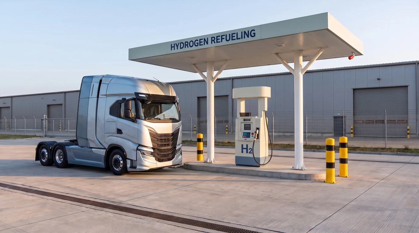 A hydrogen truck stop on a wide concrete yard: a flat canopy lettered HYDROGEN REFUELING carried on two slender white columns that branch into arms at the top, a red flame detector on a stainless bracket under its right-hand corner, a silver cab-over tractor unit standing side-on at the left with its tanks enclosed behind the cab and two rear axles close together, a dispenser marked H2 on a kerbed island with the fuelling coupling stowed in its holster, yellow bollards at each end of the island, and a long low grey industrial building behind a chain-link fence