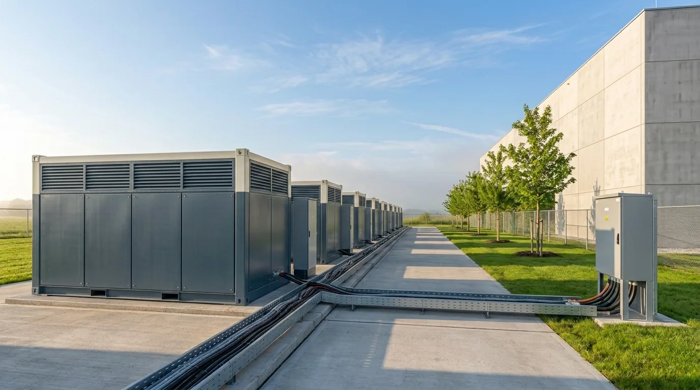 A row of long low fuel cell power modules on a concrete pad, their cable tray running across to a switchgear cabinet at the data center wall