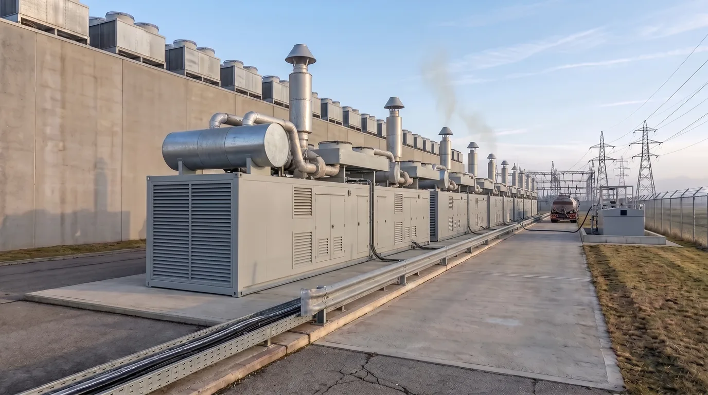 A long row of containerized diesel backup generators alongside a data center whose roof carries a dense line of cooling units: each acoustic enclosure has a full-height louvred air intake at its end face and a second storey of machinery on its roof, an exhaust silencer, a tall insulated stack and a flat radiator bank behind it, one stack showing a thin haze, and a tanker refilling the day tank at the far end
