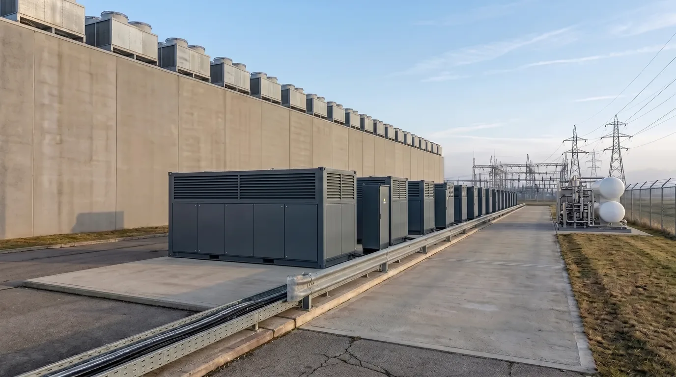 The same data center, its roof carrying the same line of cooling units, with a row of low dark fuel cell power modules and hydrogen storage in place of the diesel generators: bare roofs, no stacks, no silencers, nothing above the modules