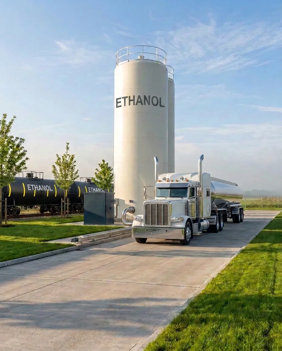 A tanker truck arriving at an on-site storage tank marked ETHANOL, with black ethanol rail cars on the siding behind and a pipe leading out of frame