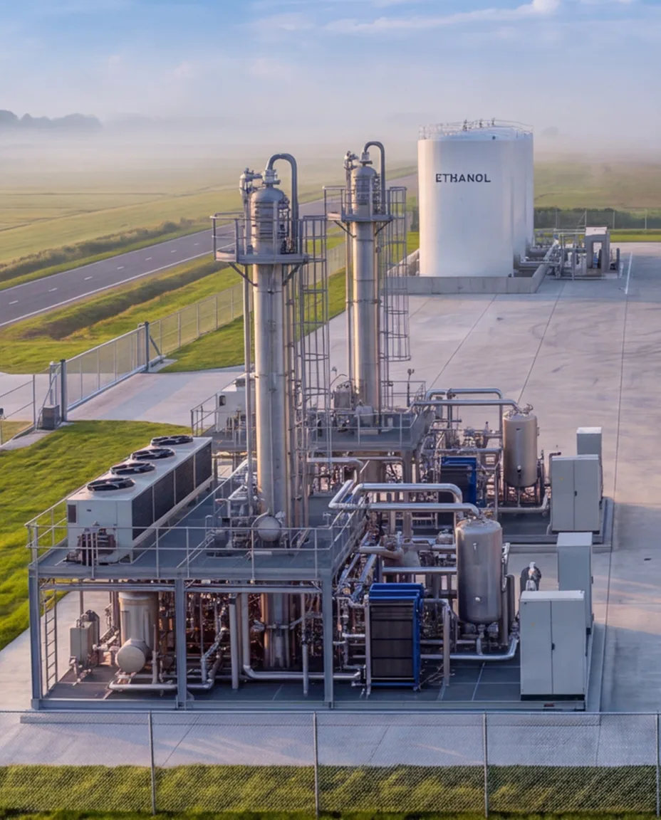 The finished plant on its paved site: an open steel skid carrying two tall polished reaction columns with access platforms and ladders, heat exchangers, pipework and air coolers around them, control cabinets at its edge, the white ethanol tank with its unloading point behind, and the perimeter fence with flat open country beyond