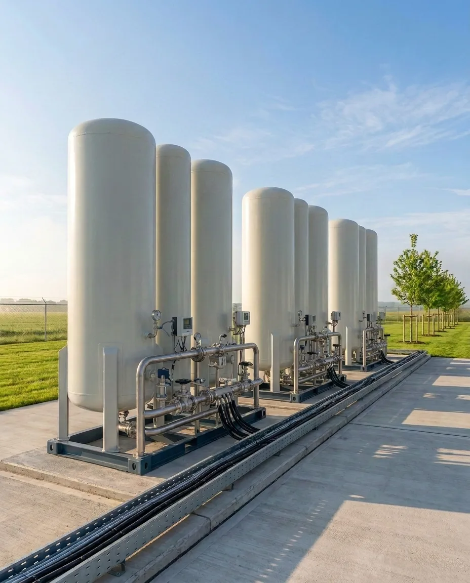 A pressure swing adsorption unit: eight identical slender adsorber vessels standing in a row, each closed by a plain rounded top, connected only by the pipework and valves at their base
