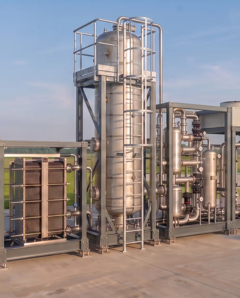 PCC's reforming skid on the plant's concrete yard: one continuous steel frame carrying the plate heat exchanger stack on the left, the insulated stainless reactor column rising clear above the frame in the middle with a caged ladder and a small landing at its head, and process pipework with upright vessels, valves and gauges on the right
