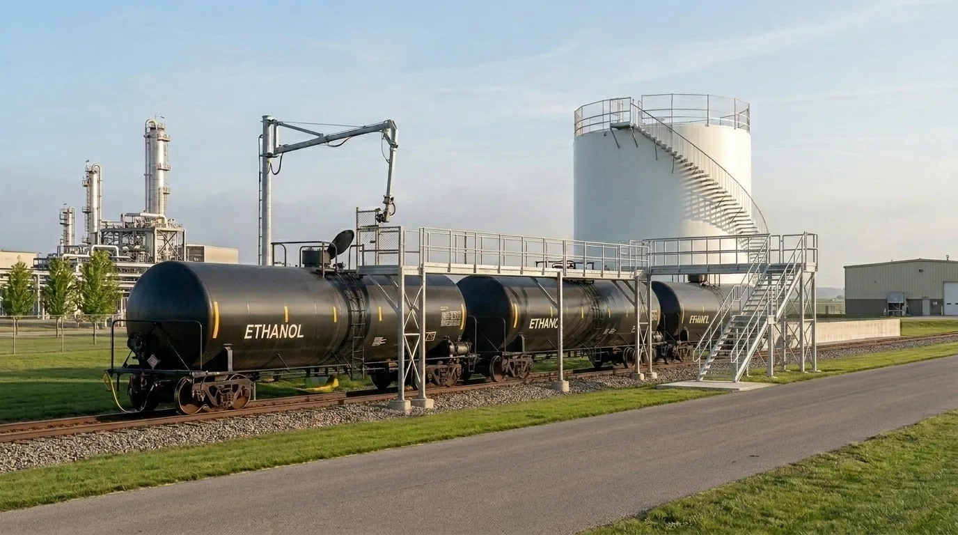 Ethanol logistics in morning light: three black rail tank cars marked ETHANOL standing on a through siding, a loading arm lowered onto the dome of the nearest car with a safety cage over the working position and a grounding cable clamped to the car, an elevated walkway along the train, and an ethanol storage tank on its containment base with the processing plant beyond
