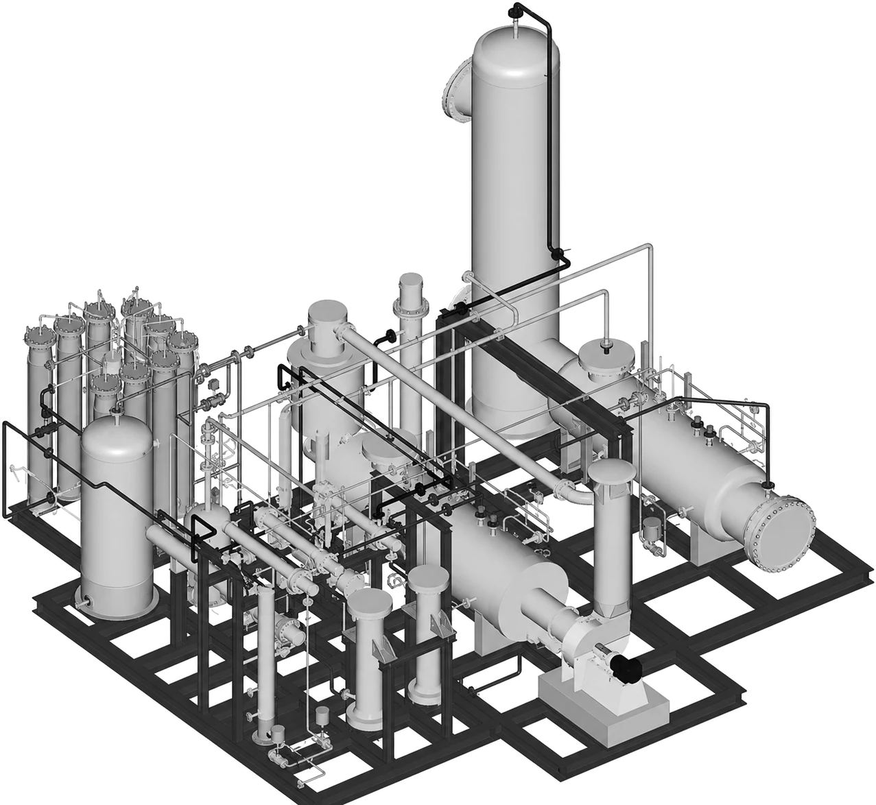 Engineering drawing of PCC’s process unit, built on one square steel base frame: a bank of tall upright vessels at the left with a horizontal drum beside them, the reactor column rising at the back, horizontal exchangers and separator vessels across the front, a motor-driven compressor at the right, and pipework, valves and access steel throughout